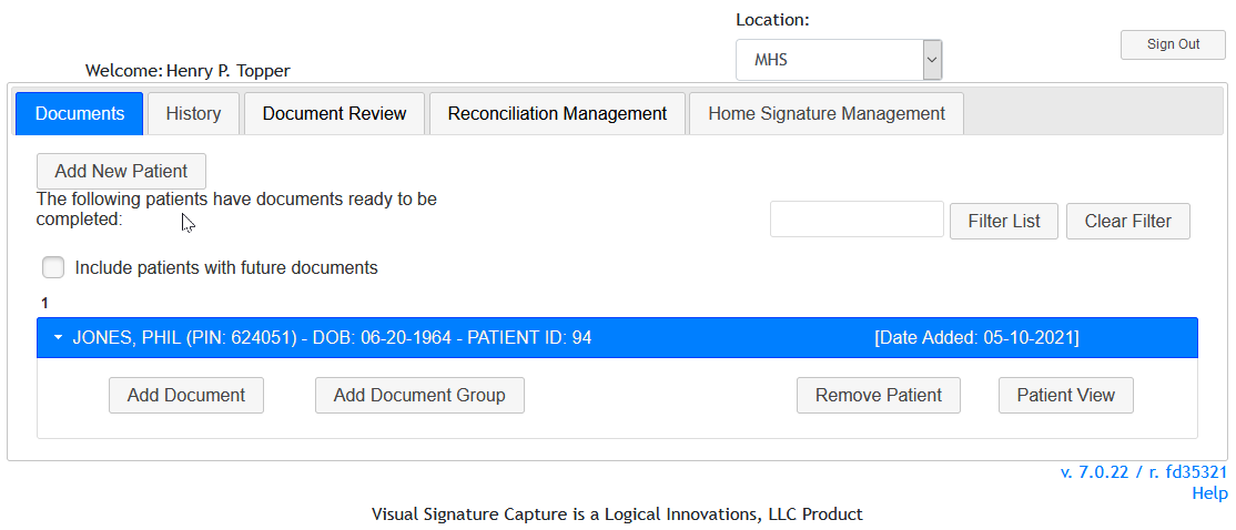 Document Tab with Patient Added Screenshot